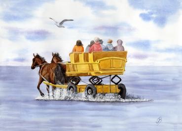 Postkarte DIN-A5 Aquarell Maritim Kunst Druck Kunstdruck Nordsee Cuxhaven Watt Wattwagen Kutsche Pferdekutsche Insel Neuwerk